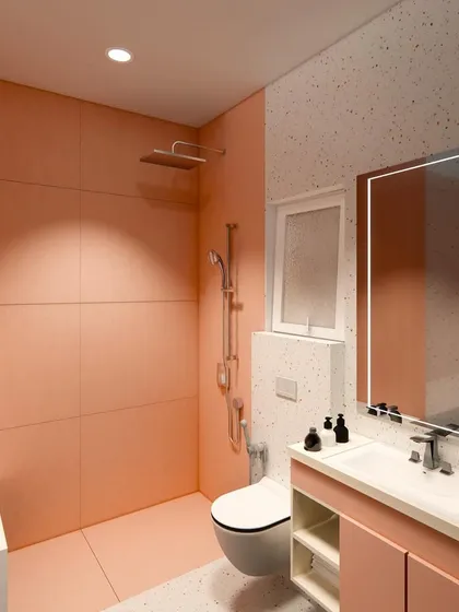 This is the 3D render we created for a client's bathroom, visualizing a soft, modern aesthetic with pink and terrazzo finishes.