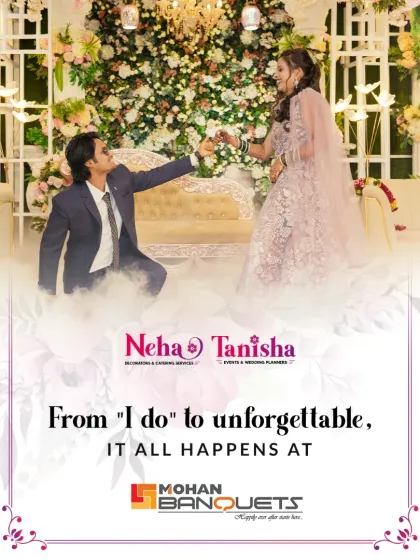 From "I do" to unforgettable, it all happens at Mohan Banquets. We create dreamy, romantic moments like this, with the couple dancing on clouds against a beautiful floral backdrop.