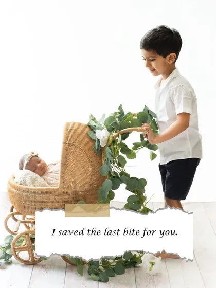A big brother proudly stands by his new baby sister in her wicker pram. This shot tells a story of protection and the beginning of a lifelong friendship.