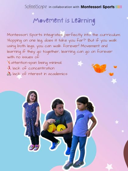 An informational graphic explaining how Montessori Sports integrates perfectly into the curriculum, addressing issues like short attention spans by making learning an active process.