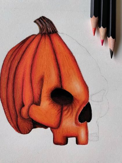 The second WIP of the pumpkin skull, with the left side and top now fully shaded.