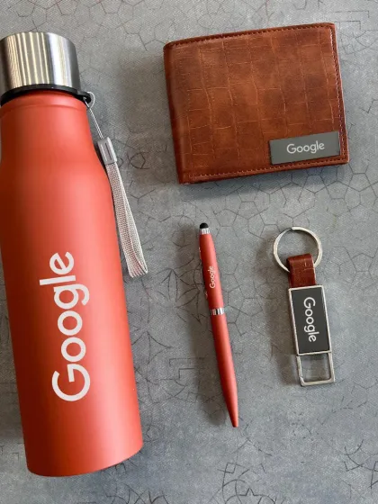 Here’s a branded merchandise set I put together for Google. It includes a temperature bottle, a faux-leather wallet, a pen, and a keychain, all customized with the Google logo for a cohesive and memorable employee gift.