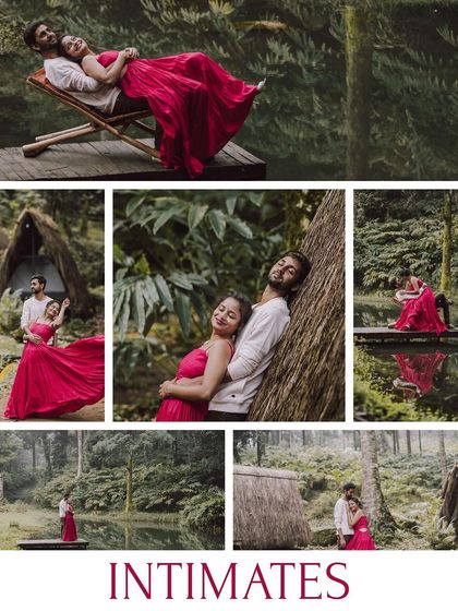 A collage of intimate and playful moments from a couple's pre-wedding shoot in a lush, green setting by the water.