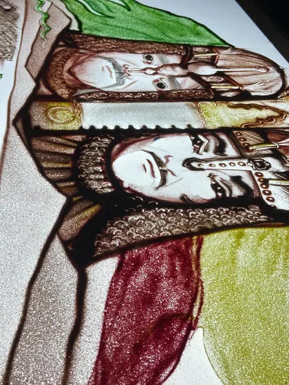 A work-in-progress shot of a grand epic saga being created on my sand board. This hints at the scale and complexity of my larger cultural and historical projects, which are often my most ambitious works.