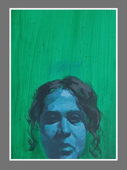 An experimental portrait using a monochrome blue palette against a flat green background, part of my "Portraits of Sentiment" series.