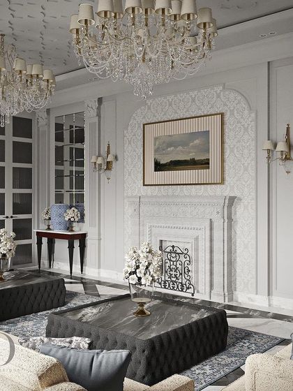 This living room is a masterwork that melds heritage with a contemporary spirit. The design features a striking black and white theme, with a marble fireplace, tufted ottomans, and intricate ceiling details creating a sanctuary of elegance.
