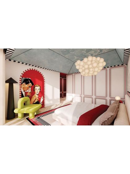 A pop-art mural of a vintage couple serves as a playful headboard, adding a touch of retro glamour to the bedroom.