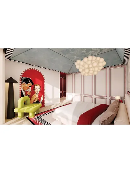 A pop-art mural of a vintage couple serves as a playful headboard, adding a touch of retro glamour to the bedroom.