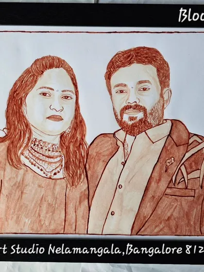 A framed dual portrait of a couple, painted entirely with blood. This type of artwork is a unique and meaningful way to capture the essence of a relationship.