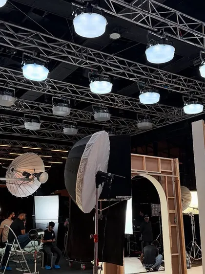 A wide shot of the Limelight set under construction, with our Creamsource SpaceX lighting rig already in place, ready for the shoot.