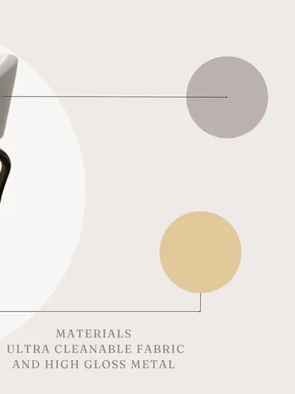 A material board for one of our dining chairs, showcasing the combination of ultra-cleanable fabric and high-gloss metal that creates its timelessly elegant look.