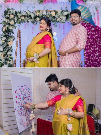 A two-part collage from the baby shower. The top image is a fun pose with the couple comparing 'bumps', while the bottom shows them adding their fingerprints to a guest book tree, a creative and interactive baby shower idea.