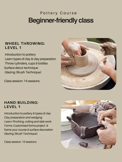 Our beginner-friendly pottery course flyer, detailing the syllabus for Level 1 Wheel Throwing and Hand-Building.