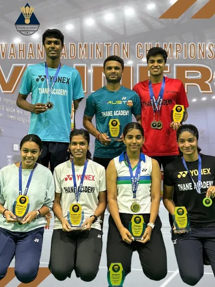 A group of our winners from the IIT Avahan Badminton Championships, showcasing our success at the collegiate level.