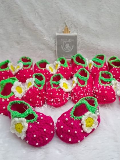 I love making these strawberry booties. They are one of my most playful and popular designs for baby girls.