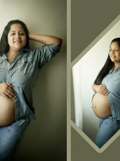 A casual and confident portrait of the mom-to-be. This lifestyle shot with an open denim shirt beautifully and naturally showcases the baby bump in a comfortable home setting.