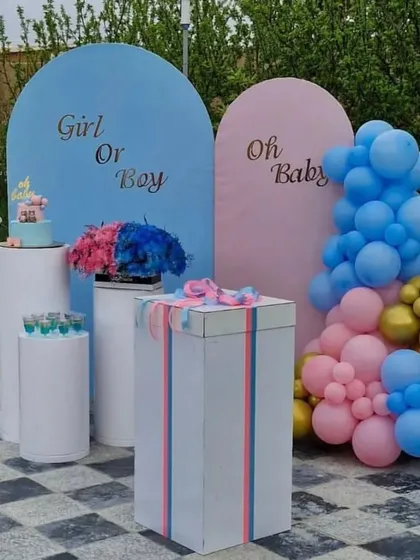 A modern and minimalist gender reveal setup for an outdoor party. It features two arched backdrops in pink and blue, a balloon garland, and pedestals for the cake and drinks.