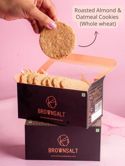 Our Roasted Almond & Oatmeal Cookies are made with whole wheat for a healthier, nutty, and crunchy snack.