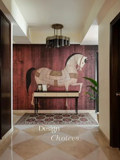 This is the same hand-illustrated horse mural from a different angle, showing how it commands the entryway. The artwork is not just a decoration but a powerful statement piece that defines the character of the home.