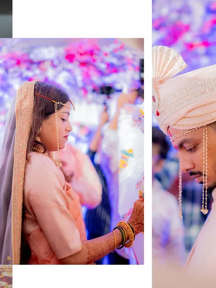 A collage capturing a solemn moment from the Haldi ceremony, with the bride and groom participating in the rituals.