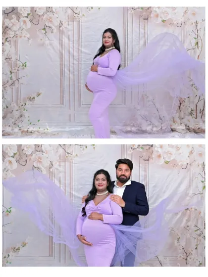 A pair of photos from a modern, elegant session. The flowing lavender fabric adds a touch of softness and movement to both the solo portrait and the couple's shot.