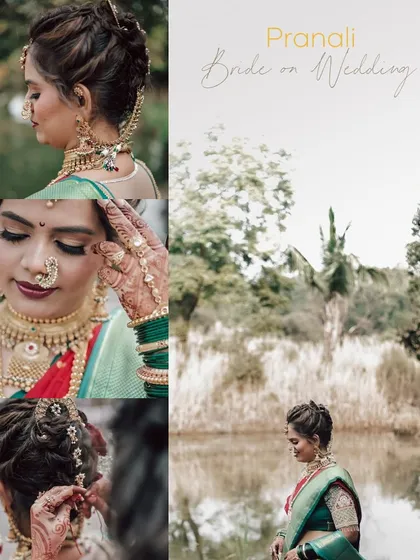 This collage showcases the details of a Maharashtrian bridal look, from the intricate hairstyle and jewelry to the flawless makeup. It's a complete vision of bridal elegance.