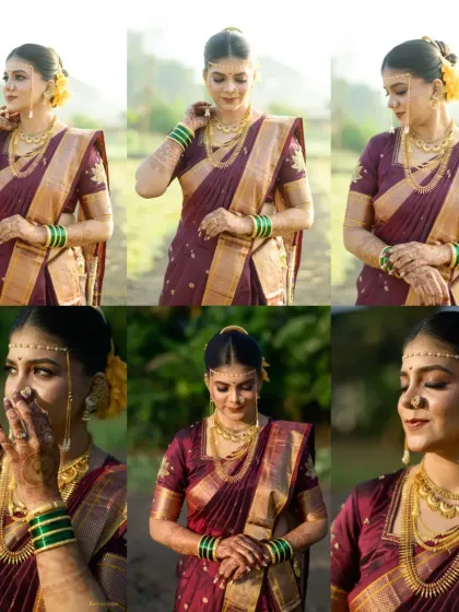 A collage showcasing different expressions and angles of this stunning Marathi bride, proving the versatility and beauty of the look.