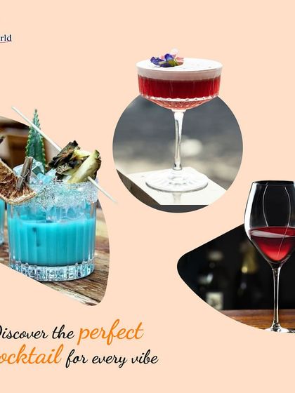 A collage showcasing the perfect cocktail for every vibe. Whether you want a tropical blue drink, a sophisticated red sour, or a classic glass of wine, we have the right mix for your mood.