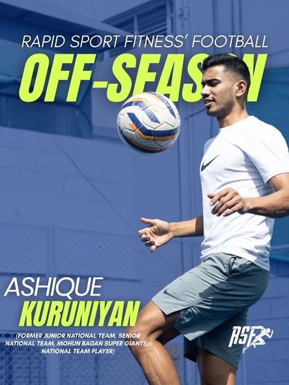 A promotional graphic featuring professional footballer Ashique Kuruniyan, who successfully completed his ACL rehab with us. His testimonial highlights our comprehensive approach, guiding him from rehab to return-to-sport and back to competing at the highest level.