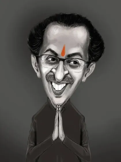 A striking black-and-white caricature of politician Uddhav Thackeray, focusing on a strong likeness and expression.
