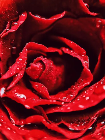 An extreme macro shot of a red rose covered in water droplets, focusing on the intricate texture and deep color of its petals.