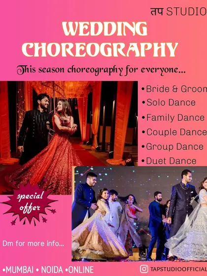 I offer a wide range of wedding choreography services to make your celebration perfect. From the bride and groom's first dance to solo, duet, and full family dance routines, I have you covered. I provide lessons at my Noida studio, at your home in Noida or Mumbai, and online.