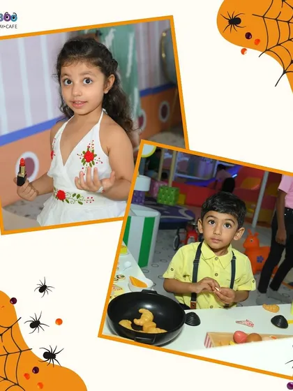 A Halloween-themed post showing kids enjoying our makeup and kitchen pretend play stations.