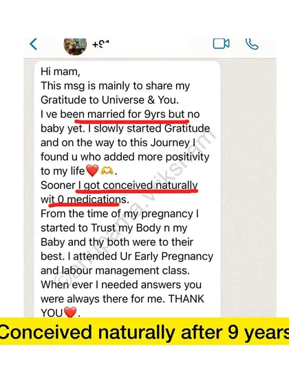 After 9 years of marriage and no baby, this woman started a gratitude journey and joined my classes. She soon conceived naturally with zero medications. Believing in your body is the first step.