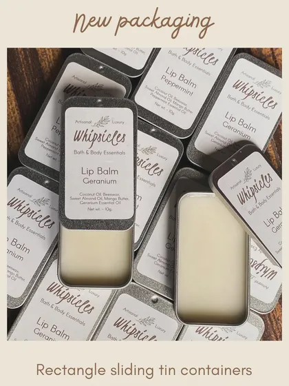 Our new rectangle sliding tin containers for lip balms. This shows the Geranium and Peppermint variants, ready to go.