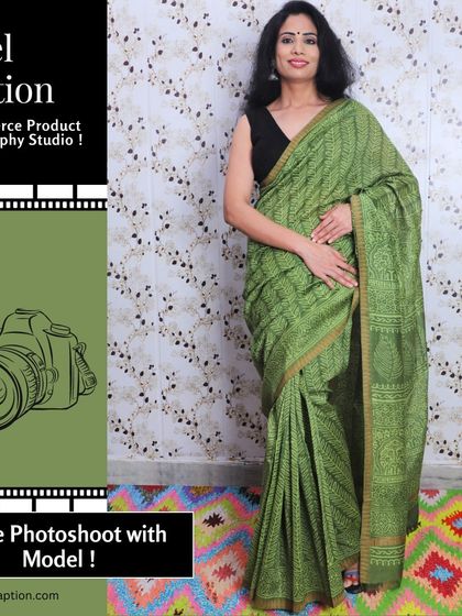 A classic pose in a green printed saree. Our studio lighting is calibrated to capture the exact shade of the product, reducing returns due to color mismatch.