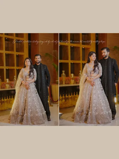A stylish full-length portrait of a couple at their engagement party, showcasing their elegant outfits.