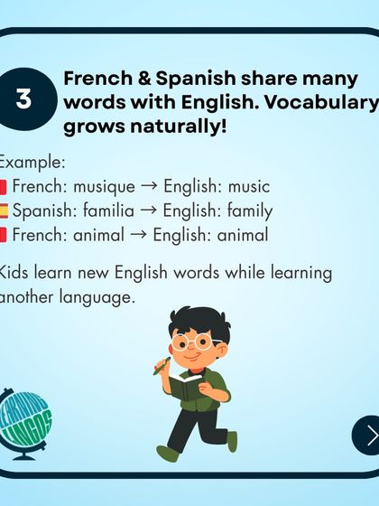 Because French and Spanish share many root words with English, students naturally expand their vocabulary. They learn new English words while studying another language.