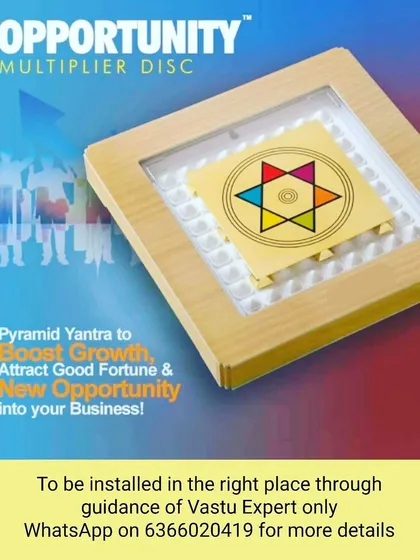 This is an example of my "no demolition" Vastu solutions. The Opportunity Multiplier Disc is a powerful Pyramid Yantra designed to boost growth and attract good fortune. I guide my clients on the precise installation of such energized items to maximize their positive impact.