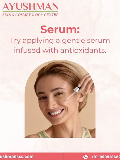 This slide from my skincare routine guide discusses serums. I suggest applying a gentle serum infused with antioxidants to protect and nourish the skin.