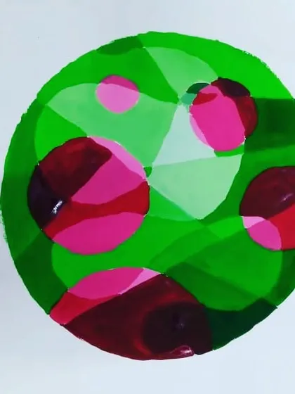 An abstract design by Anaya, an 8th standard student, using poster colours. This piece explores color theory, showing how different shades of green and pink interact.