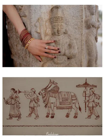 A detail shot collage, combining a close-up of the bride's hand on a temple carving with a traditional artistic motif.