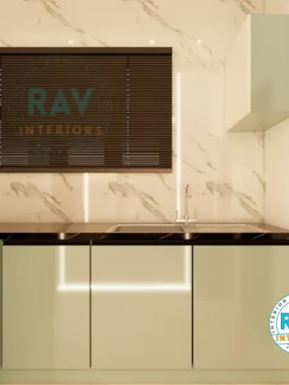 A 3D render of a utility kitchen space, showing how we can design even smaller areas to be functional with sleek cabinets and a compact layout.