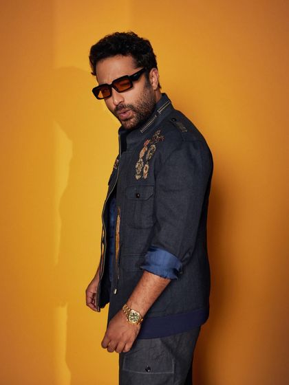 Vishwak Sen in our full-sleeves striped blue jacket in cozy flannel wool. The collared design with printed metal accents perfectly blends style and comfort.