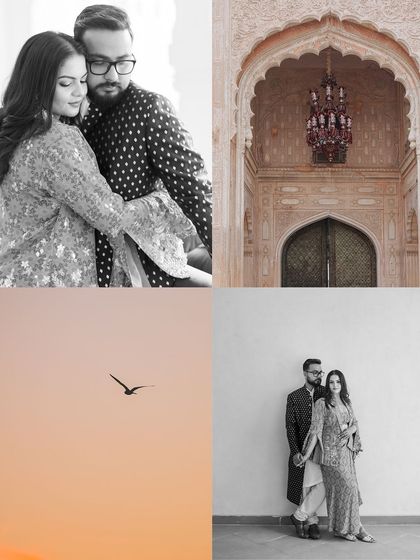 A collage of portraits and architectural shots, blending the couple's story with the beauty of their venue.
