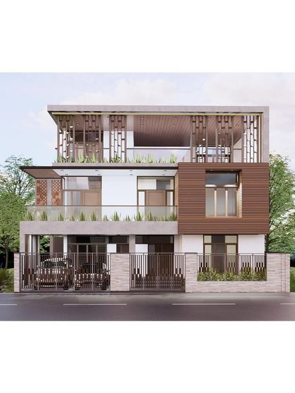 The interplay between natural materials such as stone, wood, and metal creates a captivating visual contrast in this facade design. The patterned screen on the top floor adds a layer of texture and privacy.