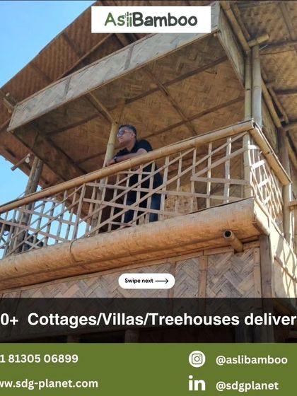 An exterior view of a bamboo cottage we delivered, showcasing the balcony and structural details. We have successfully completed over 300 such projects across the country.