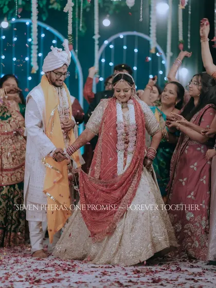 Seven pheras, one promise: forever together. This powerful shot captures the couple taking their sacred vows, surrounded by the joy and energy of their loved ones.