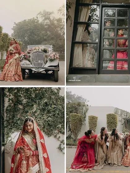 A collage showing the bride Ashmeet with her bridesmaids and a vintage car. These shots are fun, stylish, and capture the beautiful bond she shares with her friends.