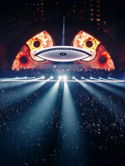 Another stunning visual from the NEWORLD stage, where fiery eyes stared out over the massive crowd. I use state-of-the-art LED technology to create powerful, thematic visuals that tell a story throughout the night.